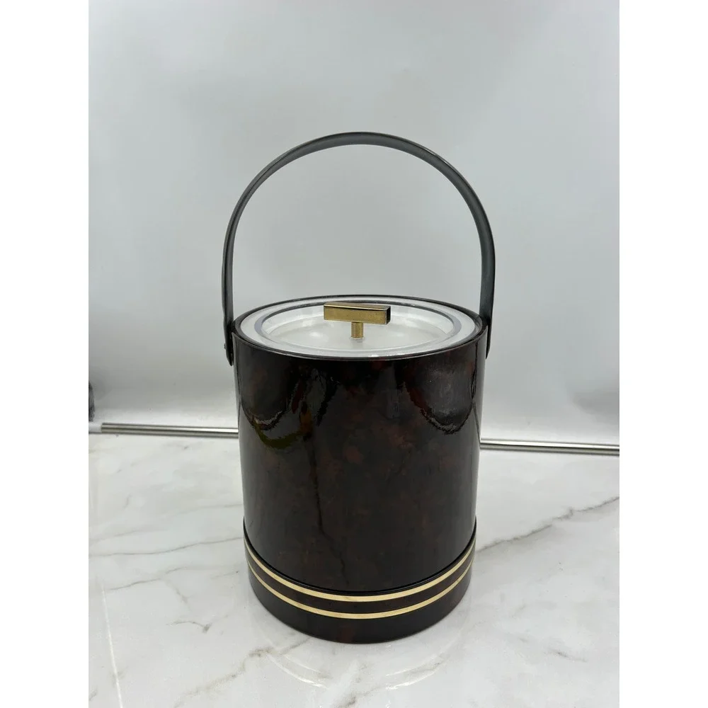 Vintage Faux Tortoise Shell Ice Bucket Gold Trim Mid Century Modern Barware
